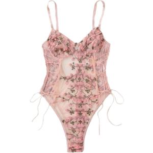 Lilosy Women Sexy Lace Up Floral Embroidered Teddy Babydoll Lingerie Bodysuit Top Mesh Sheer One Piece See Through Pink, X-Large
