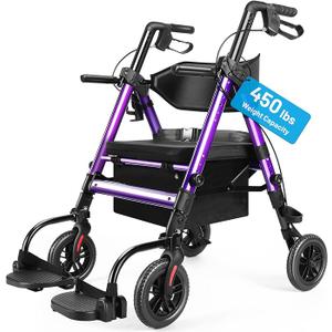 Heavy Duty Rollator Walker for Seniors with Seat, Foldable 2 in 1 Rolling Walkers Wheelchair Combo for Adult, All Terrain Wheels, Adjustable Transport Chair with Brake, 450 lb. Weight Capacity, Purple