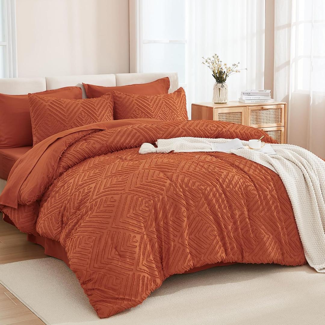 Andency California King Comforter Set Burnt Orange - 7 Piece Cal King Bed in a Bag Boho Terracotta Tufted Bedding Sets, Rust Bed Set with Comforter, Sheets, Pillowcases & Shams
