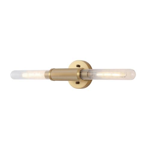 BAODEN Gold Knurled Texture Wall Sconces 24" Modern Cylinder Bathroom Vanity Lights Fixtures with Clear Striped Glass Shade 2-Lights Indoor Wall Lighting for Living Room Bedroom Kitchen