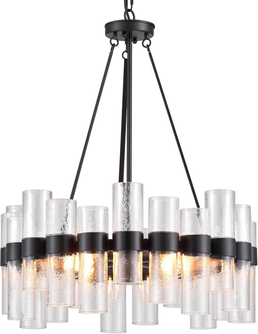 Dia 24 Inch Black Modern Chandelier for Dining Room, Glass Chandeliers for Bedroom, 4-Light Rustic Chandeliers, Large Pendant Light Fixture for Living Room Hallway Foyer Entryway
