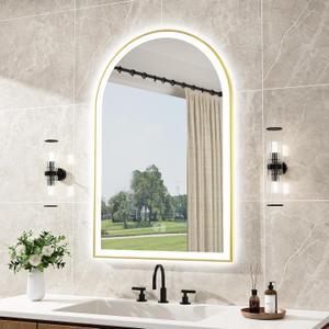 30''x20'' Arched LED Bathroom Mirror with Lights, Lighted Mirrors for Bathroom Wall, Anti-Fog, 3 Colors Dimmable, Memory Function, Backlit + Front Lit, Waterproof, Shatter-Proof, Golden Framed Arched