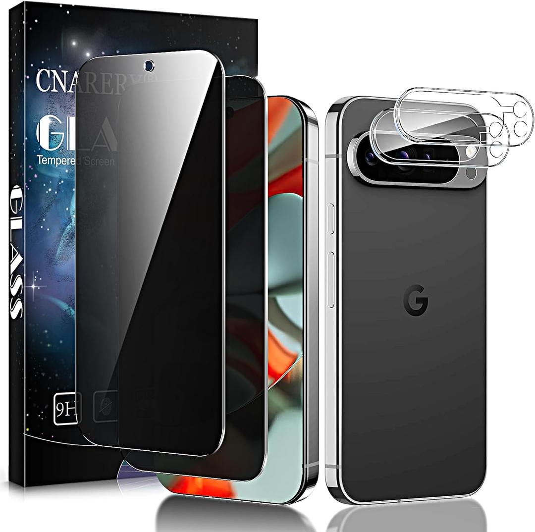 2 Pack for Google Pixel 9 Pro XL Privacy Screen Protector + 2 Pack Camera Lens Protector, Support Fingerprint Unlock, Anti-Spy, 3D Curved 9H Tempered Glass Film, Scratch Resistant, Bubble Proof