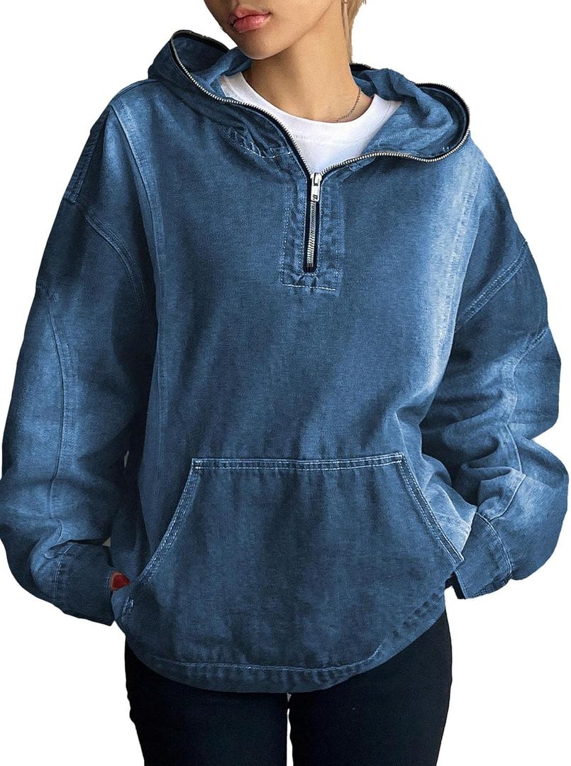 Women's Half Zip Denim Hoodie Pullover Sweatshirt Jean Jacket with Pocket (Medium, Dark Blue)