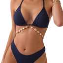 COZYEASE Women's 2 Piece Bikini Set Triangle Halter Tie Back Bathing Suit Set Shell Backless High Cut Swimsuit (Large, Blue)