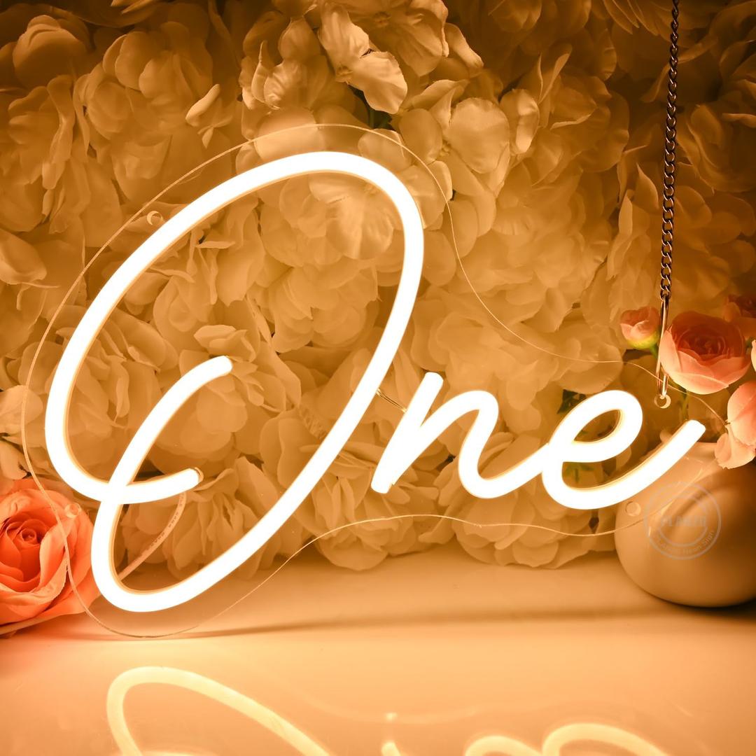 Planzo One Led Neon Sign Light 1th One Year Old Birthday Baby Cave Backdrop Bedroom Wall Sign Decor Banner Wedding Party Decor Gifts USB 11.81"x8.66" Warm White