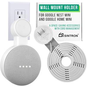 Sintron Outlet Wall Mount Holder for Google Nest Mini and Google Home Mini, A Space-Saving Accessories with Cord Management for Google Smart Speakers 1st Gen. and 2nd Gen., No Messy Wires or Screws.