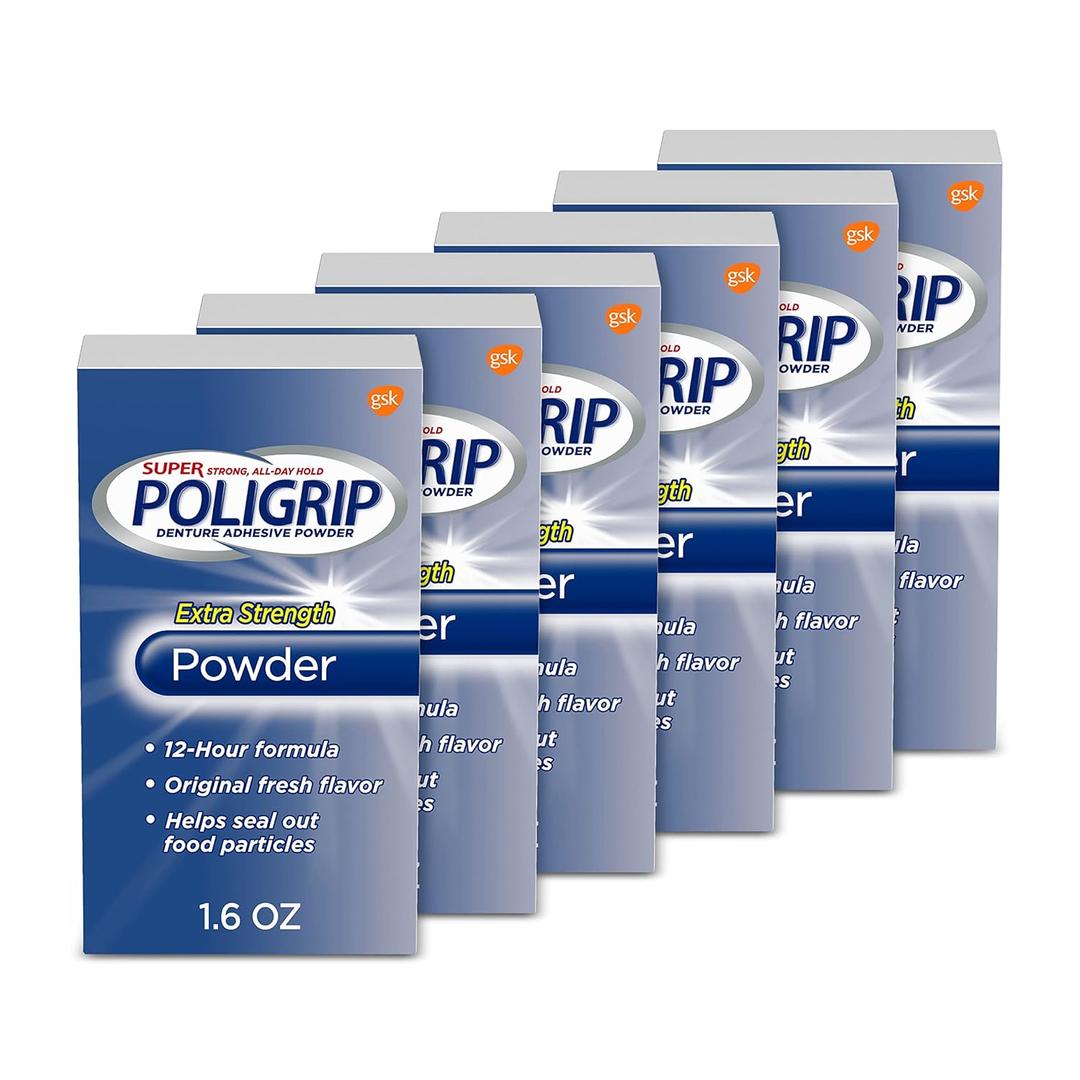 Super Poligrip Extra Strength Denture Adhesive Powder, Denture Powder for Dentures - 1.6 Ounces (Pack of 6)