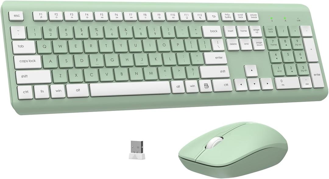Wireless Keyboard and Mouse Combo, Full-Size Silent Ergonomic Keyboard and Optical Mouse, Long Battery Life, 2.4G Lag-Free Mice Keyboard for Computer,Mac,Laptop,PC,Windows(Avocado Green)