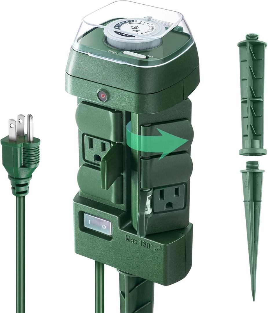 Outdoor Stake Timer Waterproof, 24 Hour Mechanical Power Strip Timer with 6 Outlets(3 180 Rotatable), 6ft Extension Cord Yard Stake Timer for Outdoor Christmas Lights, Heavy Duty, UL Listed