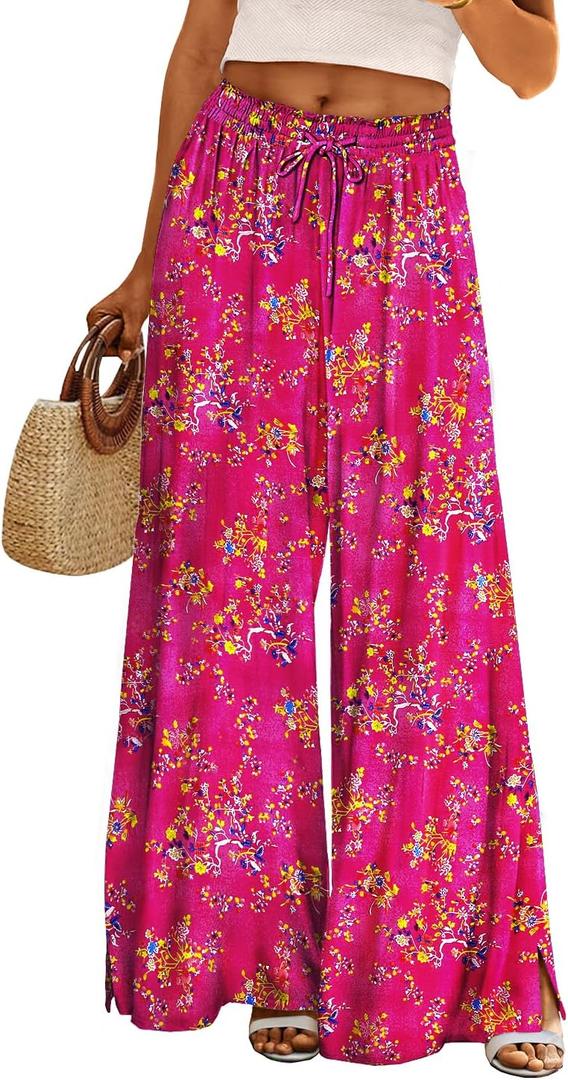 YESNO Women Summer Boho Palazzo Pants High Waist Wide Leg Floral Casual Cotton Lounge Trousers with Pockets 2XL PP0 CR026