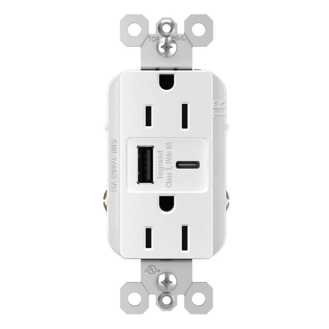 Radiant USB Plugs for Wall Outlet, 15 Amp, Tamper-Resistant and Ultra-Fast USB A and USB C Outlet plug, with standard three-prong, White, Manufactured by Legrand