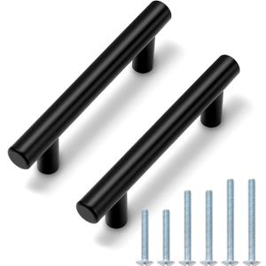 Probrico 10 Pack 2.5" Hole Center Kitchen Cabinet Handles, Euro T Bar Black Drawer Pulls Cabinet Pulls, Stainless Steel Cupboard Dresser Handles, 4" Length