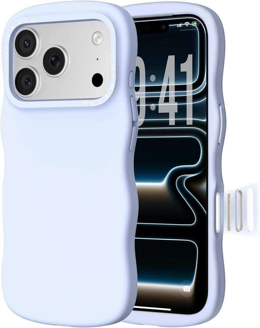 ORNARTO for iPhone 17 Pro Max Case for Women Girls Cute Wave Edge, Camera Control Button, Shockproof Liquid Silicone Phone Case for iPhone 17 Pro Max 6.9", Light Blue
