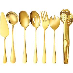 Golden Flatware 7 Piece Stainless Steel Set Includes Serving Spoons, Slotted Serving Spoon, Serving Tongs, Serving Fork, Salad Fork, Soup Ladle, Pie Server