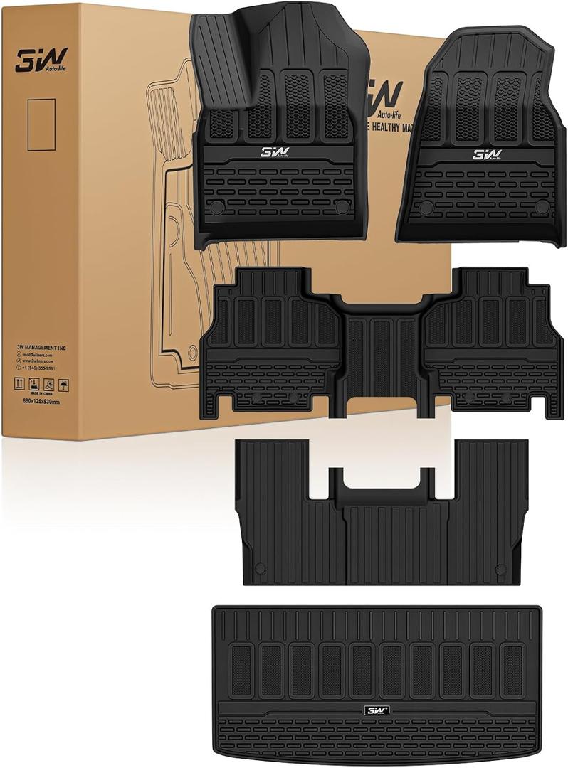 3W Floor Mats & Cargo Liner Fit for Jeep Grand Wagoneer 2022-2025 2026 7 seat (Not Fit for L or 8 seat), TPE Custom Fit Wagoneer Floor Liner for 1-3 Rows and Trunk Mats Full Set Car Accessories