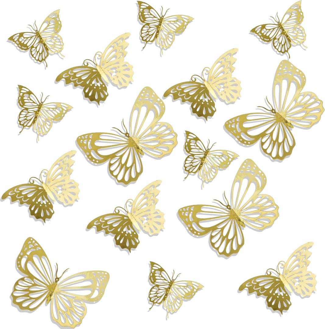 3D Gold Butterflies Wall Stickers - 24pcs, Butterfly Decor for Parties & Birthdays (Style Two)