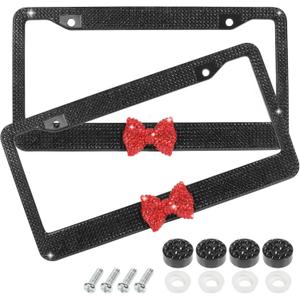 License Plate Frame,Cute Car Accessories Stainless Steel Crystal Car Plate Covers,Shiny Rhinestones Premium License Plate Holder with Mounting Bolts,License Plate Frames (Black&Red)