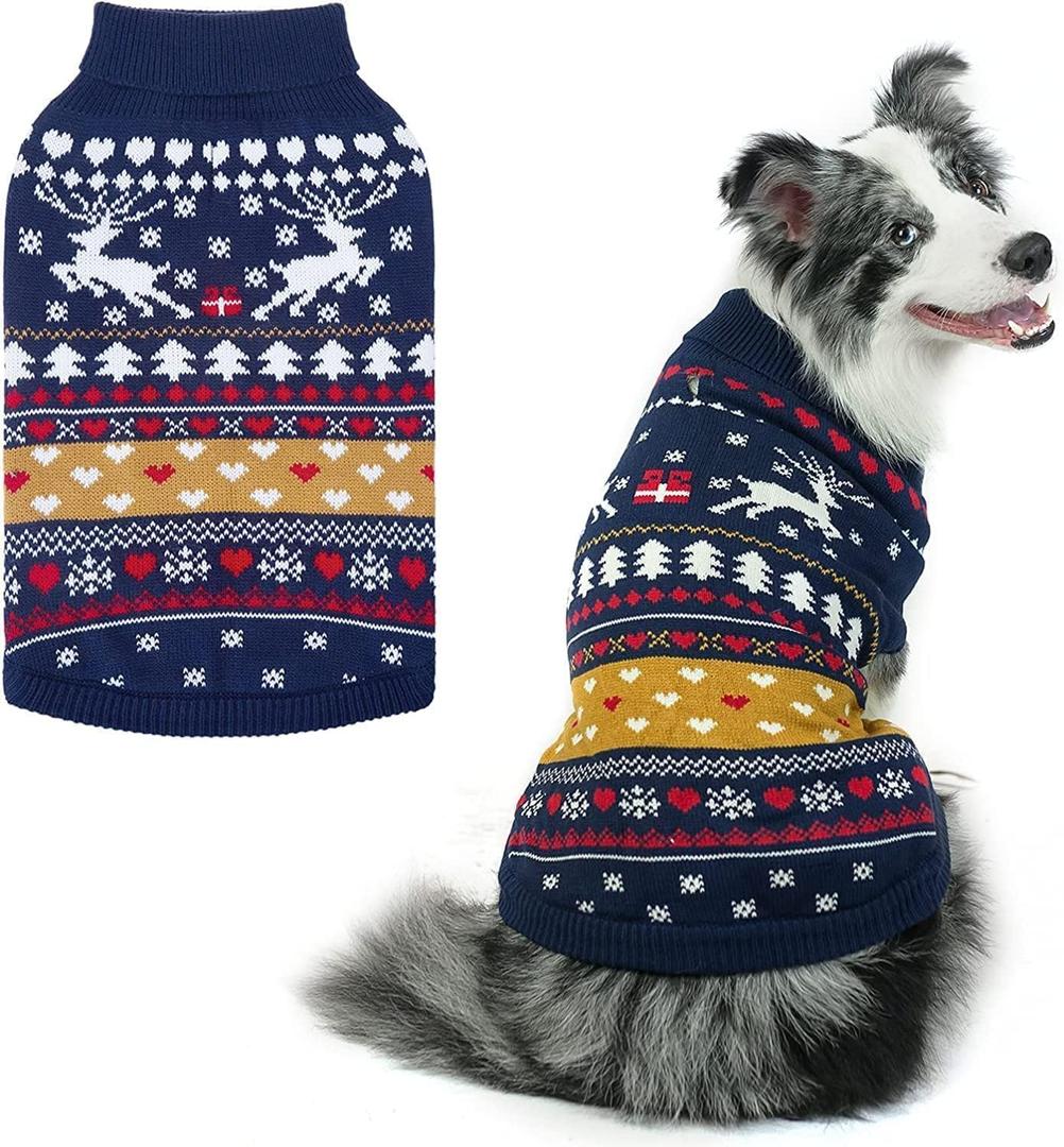 PUPTECK Christmas Dog Sweaters for Cold Weather, Soft Outfit Warm Winter Coat Knitted Dog Clothes for Small Medium Large Doggies Puppy Indoor Outdoor Walking, Colorful Design, Classic (Navy)