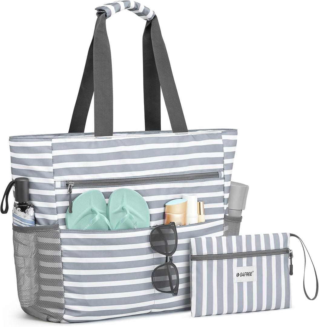 G4Free Beach Bag, Waterproof Sandproof Beach Tote Bag, Large Capacity Foldable for Women,Grey Stripe