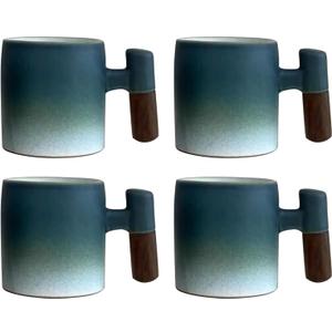 2-Oz Ceramic Espresso Cups with Wood Handle, 2/4-Piece Set for Coffee, Tea, Latte - Dishwasher Safe, Multi-Color & Wood Styles, Gift & Caf Use (blue white, Wooden Handle4)