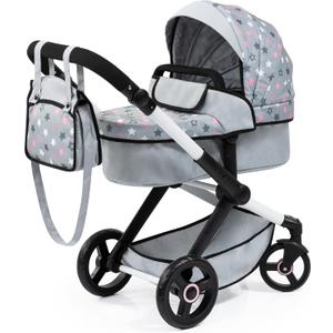 Bayer Design Dolls: Pram Xeo - Grey, Pink, Stars - Includes Shoulder Bag, Fits Dolls Up to 18', Convertible to A Pushchair, Adjustable Handle & Swivel Front Wheels, Accessory for -Plush Toys, Ages 3+