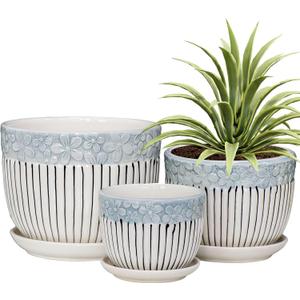 Ton Sin Grey Flower Pots, Texture Planter for Indoor Plants Set of 3 Ceramic Flower Pots with Saucer, Cute Garden Pots Succulent Pots, 6.75/5.6/4.2 Inch, Indoor Outdoor Home Garden Decor