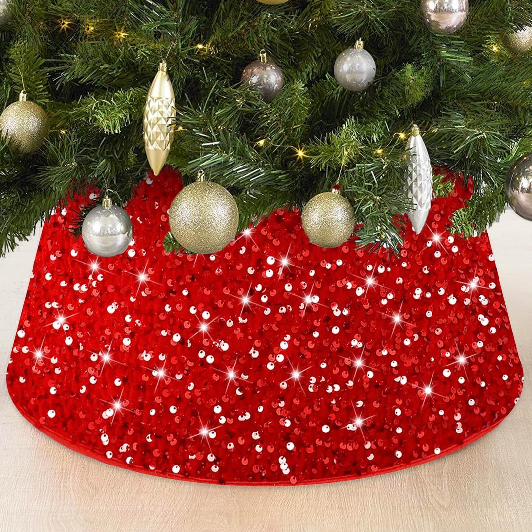 FOTSHARER Red Christmas Tree Collar 28.8 Inch Large Tree Collar Velvet Round Tree Base Metallic Tree Skirt Vintage Christmas Tree Skirt Box Sequins Xmas Tree Ring for Christmas Family Gathering Party