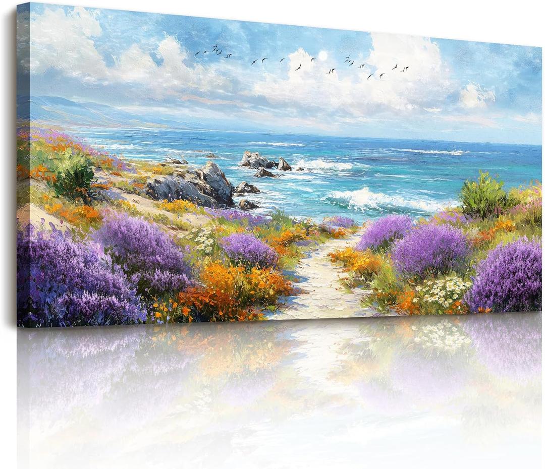 SERIMINO Coastal Wall Art, Oversized Wall Art, Beach Wall Decor, Blue Ocean Landscape Prints, Seashore Floral Large Pictures, Tropical Paintings for Living Room Office Bedroom Dining Room 29"x57" (Bright Seaside)