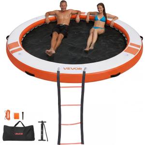 VEVOR Inflatable Floating Dock, Inflatable Dock Platform, Non-Slip Water Air Mat with Portable Carrying Bag and Detachable Ladder, Floating Water Platform Island Raft for Pool Beach Ocean, φ10 x 0.5 ft / 3.05 x 0.15 m, Color: White + Orange
