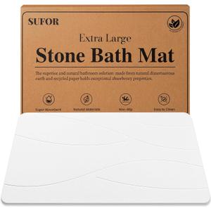 32"x20" Stone Bath Mat, Diatomaceous Earth Shower Mat, Non-Slip Super Absorbent Quick Drying Bathroom Floor Mat, Natural, Easy to Clean (Milky White)
