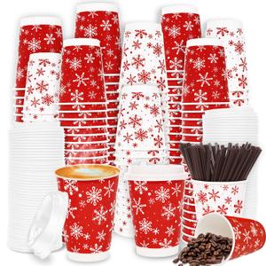 60 Count Snowflake Paper Cups 12 oz Christmas Paper Cups Disposable Red Snowflake Coffee Cups with Leak Proof Lids and and Stirrers Extra Thick Insulated Beverage Cups for Hot & Cold Liquids