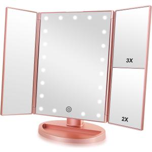 Infitrans Trifold Makeup Mirror Vanity Mirror with Lights,1X 2X 3X Magnification,Touch Control,Adjustable Rotation,Dual Power Supply,Portable Travel Cosmetic Mirror,Birthday Gifts for Women,Teengirls (Rose Gold)