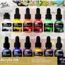 Mont Marte Acrylic Ink Premium 12pc x 20ml (0.7 US fl.oz), Acrylic Inks for Artists, Essential Colors, Ideal for Air Brush, Pouring Art, Scrapbooking, Ink Drawing, Mixed Media