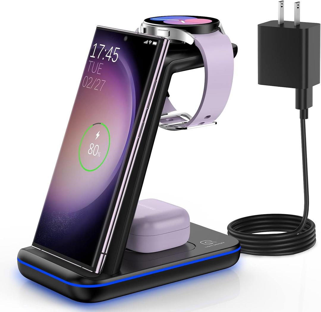 Wireless Charging Station for Samsung/Android, Fast Wireless Watch Charger Station Compatible for Samsung Galaxy S25 Ultra/S24/S23+/Z Flip 7/6 Fold 7/6, Watch8/7/Pro/Active 2 Galaxy Buds3/2 Pro(Black)