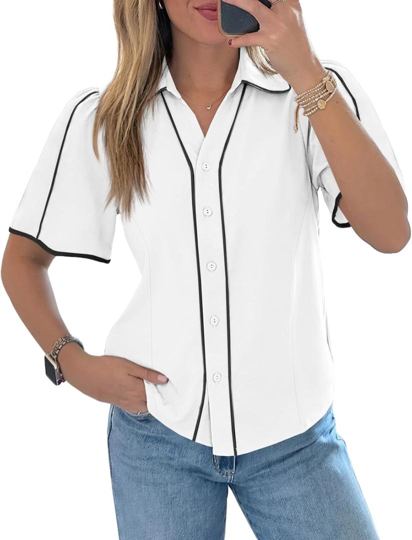 Tankaneo Womens Puff Short Sleeve Button Down Shirts Summer V Neck Color Block Tops Dressy Casual Blouse (White, S)