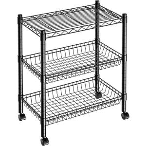 3 Tier Rolling Cart Service Cart Wire Basket Shelf Storage Trolley Shelf 2 Bottoms for Choose(Castor or Leveling Feet) for Office,Kitchen,Black(23.23" L x 13.11" W x 32.28" H)