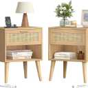 Keehusux 17.7" W x 15.7" D Rattan Nightstand Set of 2, Night Stand with Charging Station, Bedside Table with Open Shelf & Solid Wood Legs, Boho Night Stand with Drawer, End Table for Bedroom, Natural