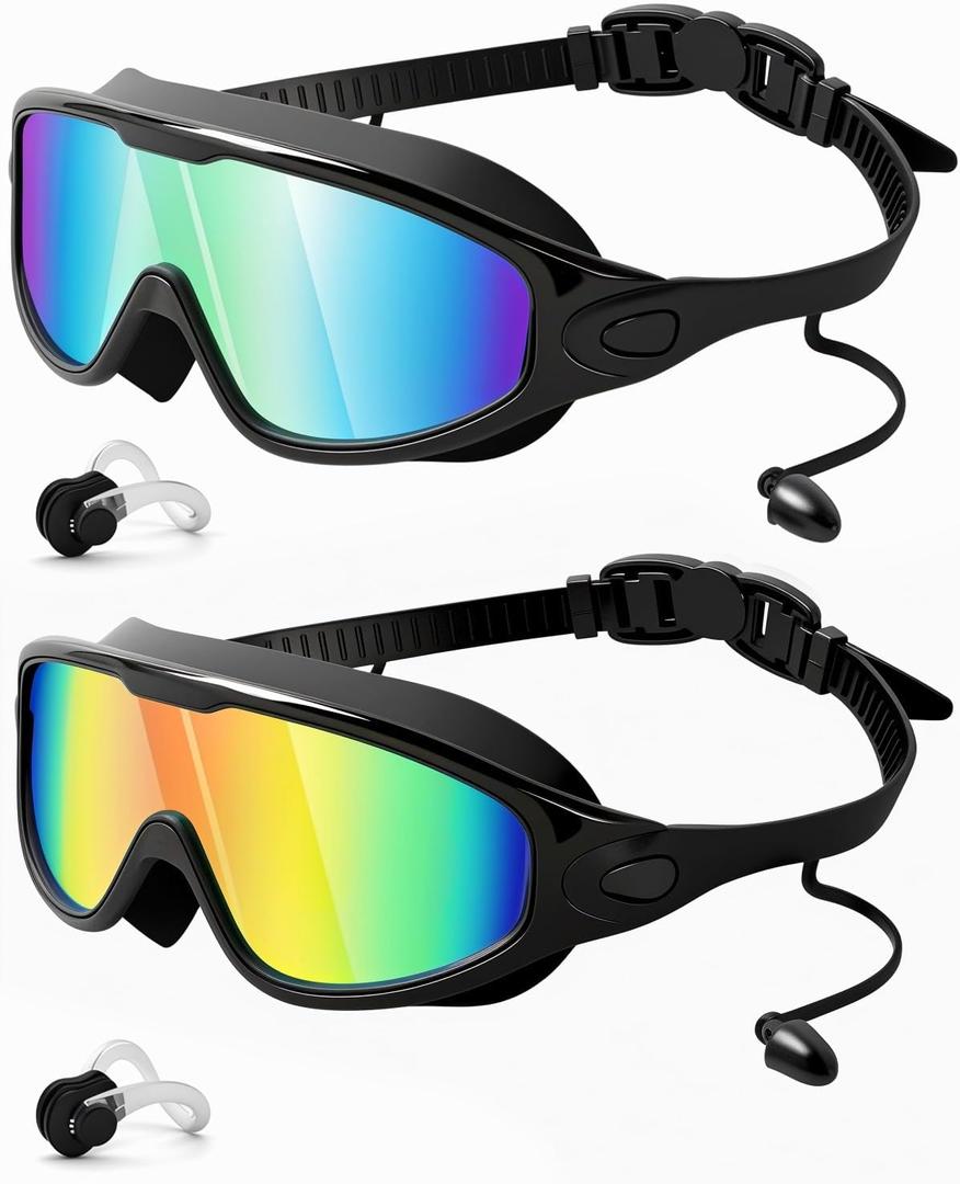 Rantizon Swim Goggles 2 Pack, Wide View Anti Fog&UV Swimming Goggles for Audlt, No Leaking Summer Gifts for Men Women Kid (Large for Adults, Aqua & Bright Orange)