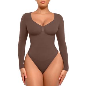 FeelinGirl Women's Long Sleeve Shapewear Bodysuit for Tummy Control Seamless Body Suits Thong V Neck Going Out Tops (Brown, M)