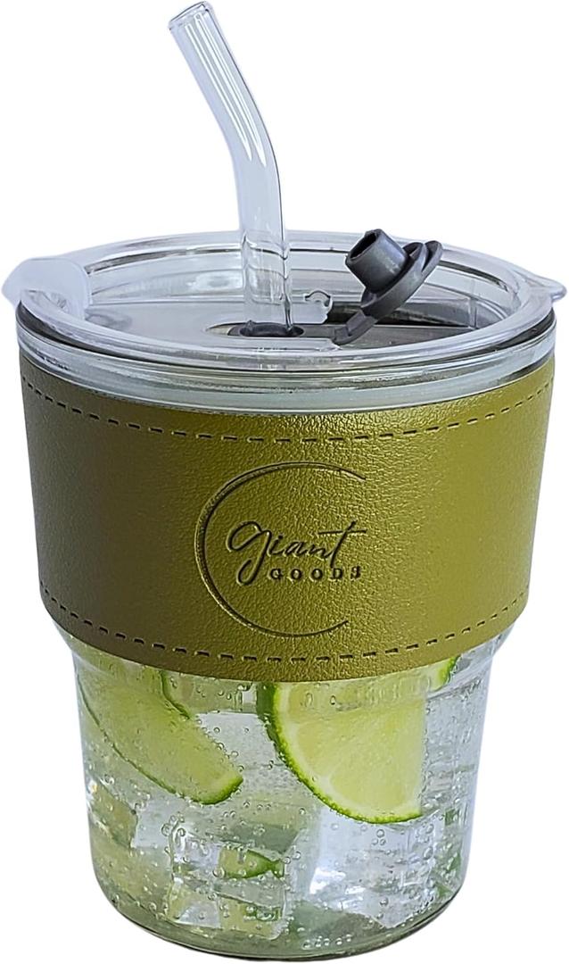 13oz Avocado Green Iced Coffee Cup with Plastic Lid, Vegan Leather Sleeve, Glass Tumbler with Straw and Lid, Matcha Cup, Hot and Cold Drink, Espresso Mug, (1 Count)