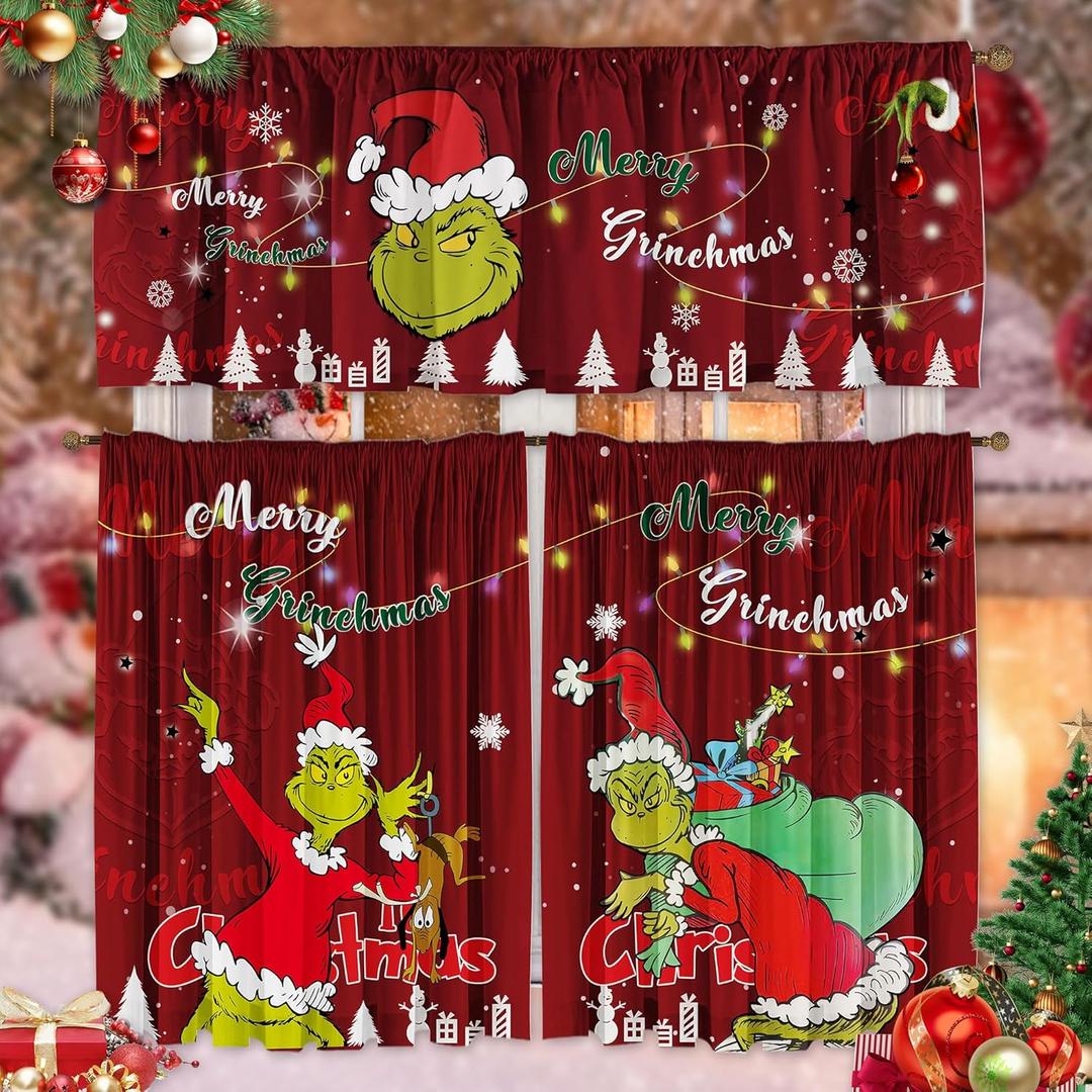 SUNWISHA Christmas Curtain Valances Set Upper Curtain 52'' Lx18'' W & Lower 36'' L x 26'' W x2 Kitchen Windows Decor 3 Piece Set red