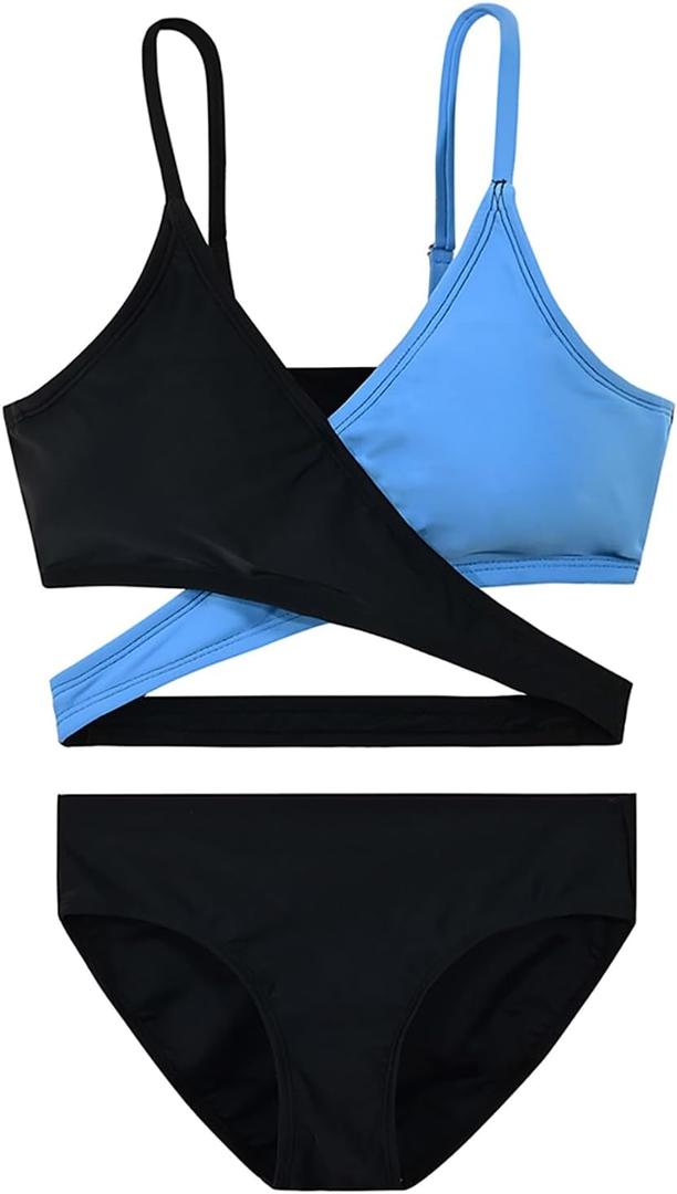 karrack Teen Girls Swimsuits Two-Piece V-Neck Bikini Adjustable Shoulder Straps Swimsuit Kids Bikini with Chest Pad Black/Grey Cute Swimsuit (Size12-14Years)