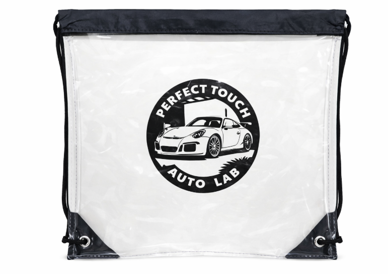 Small clear drawstring bag, black logo, 4 pcs