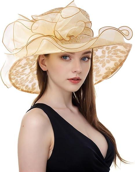 Women Derby Fascinator Hat Organza Church Wedding Tea Party Hats Wide Brim Sun Hat, 06 Gold Women Derby Fascinator Hat Organza Church Wedding Tea Party Hats Wide Brim Sun Hat, 06 Gold