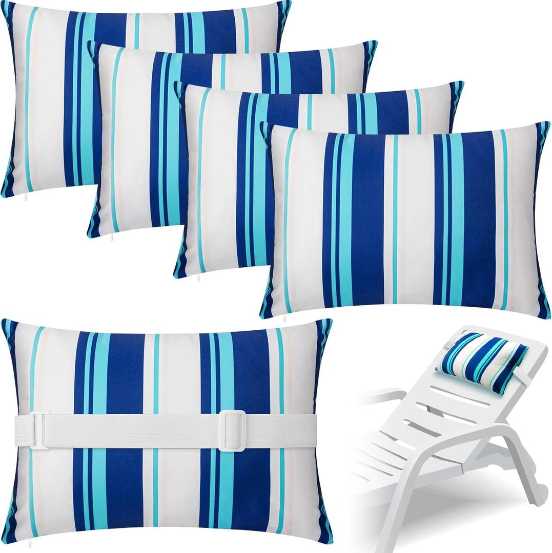 Lineshading 4 Pcs Chaise Lounge Pillow with Strap Outdoor Waterproof Pool Chair Neck Headrest Pillows with Adjustable Elastic Band for Beach Patio Chair Recliner(Blue,Stripe)