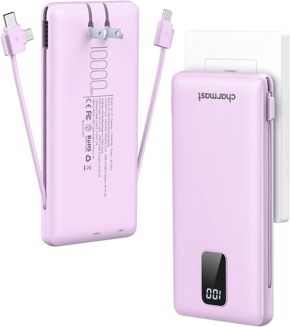 Charmast Portable Charger with Built-in Cables & Wall Plug, 10000mAh Portable Power Bank, External Battery Pack Travel Essentials Compatible with iPhone 16/15/14/13, Samsung, iPad etc (Purple)