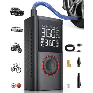 Powools Tire Inflator Portable Air Compressor, 150 PSI Cordless Bike Pump, Air Pump for Auto, Motorcycle, Bicycle, Balls with Pressure Gauge, LED Light & Car Accessories, Black, Standard Capacity