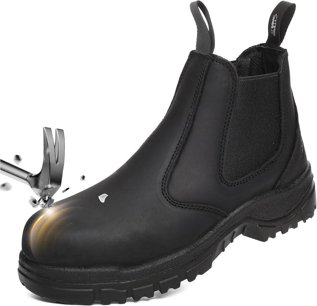 Slip on Work Boots for Men Women Composite Toe Comfort Leather Abrasion Slip Resistant Sole Safety Chelsea, 12