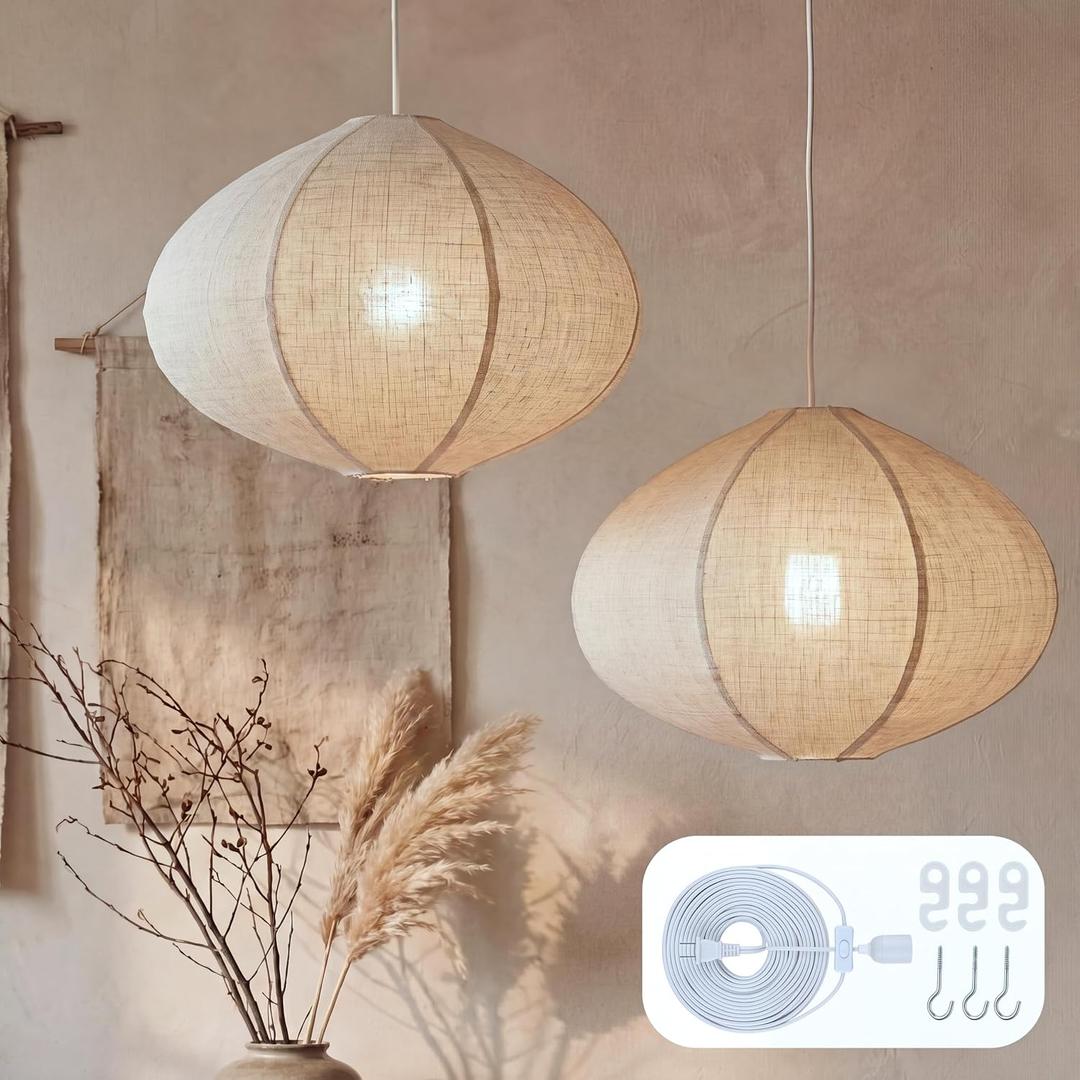 Nuanchu 2 Pack Linen Lantern Lamp Plug in Pendant Light 20 Inch Hanging Lamp Shade with 20 ft Cord Minimalist Light Covers Japanese Chandelier for Ceiling Dining Living Room Artistic Decor(Oval), 20 inches wide x 20 inches high